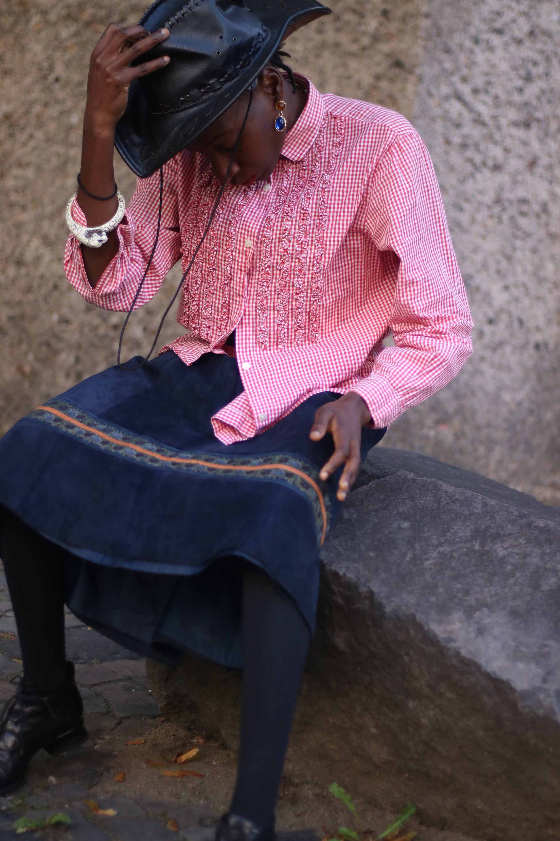 70s Blue Suede Skirt| Vintage Embroidered Country inspired blue and red bohemian skirt| Maximalist leather design