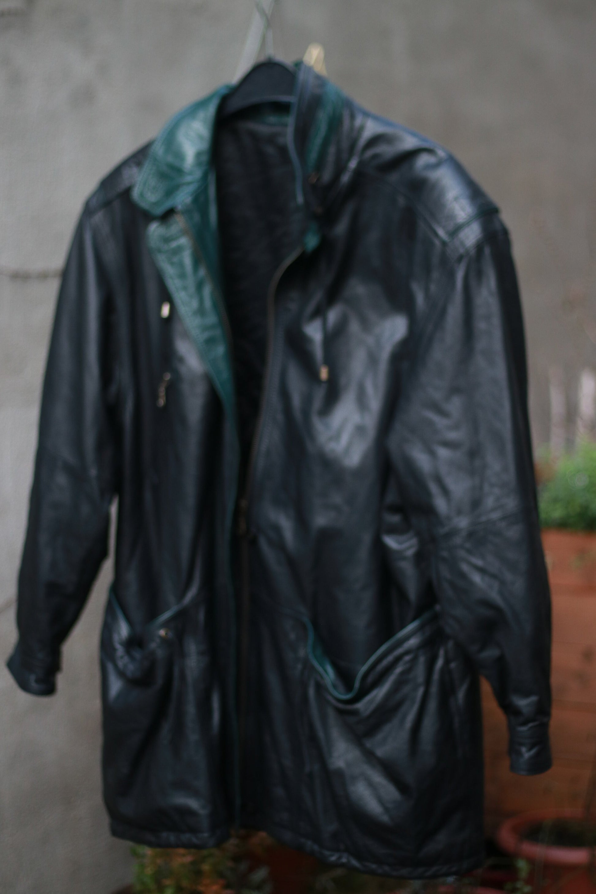 90s Leather Jacket with Statement Green Details| Vintage long leather Coat Streetwear inspired