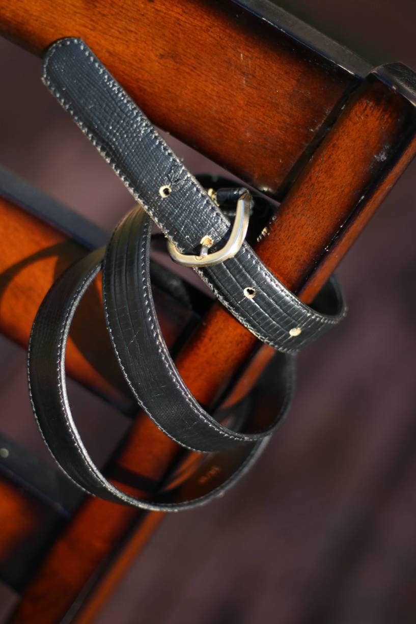90s black leather belt| Vintage lizard grain belt
