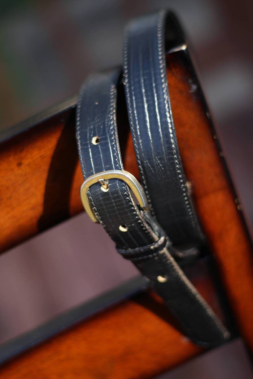 90s black leather belt| Vintage lizard grain belt