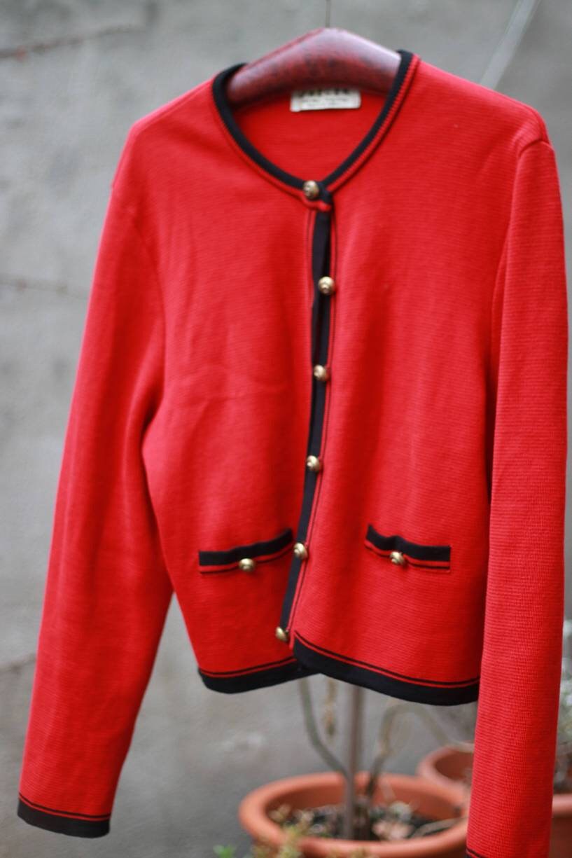 80s Jaeger wool sweater | Vintage red and black cardigan