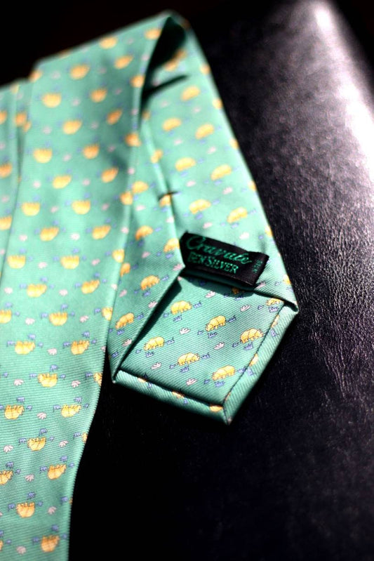 Ben Silver Vintage silk tie with Hippo print | Green quirky necktie