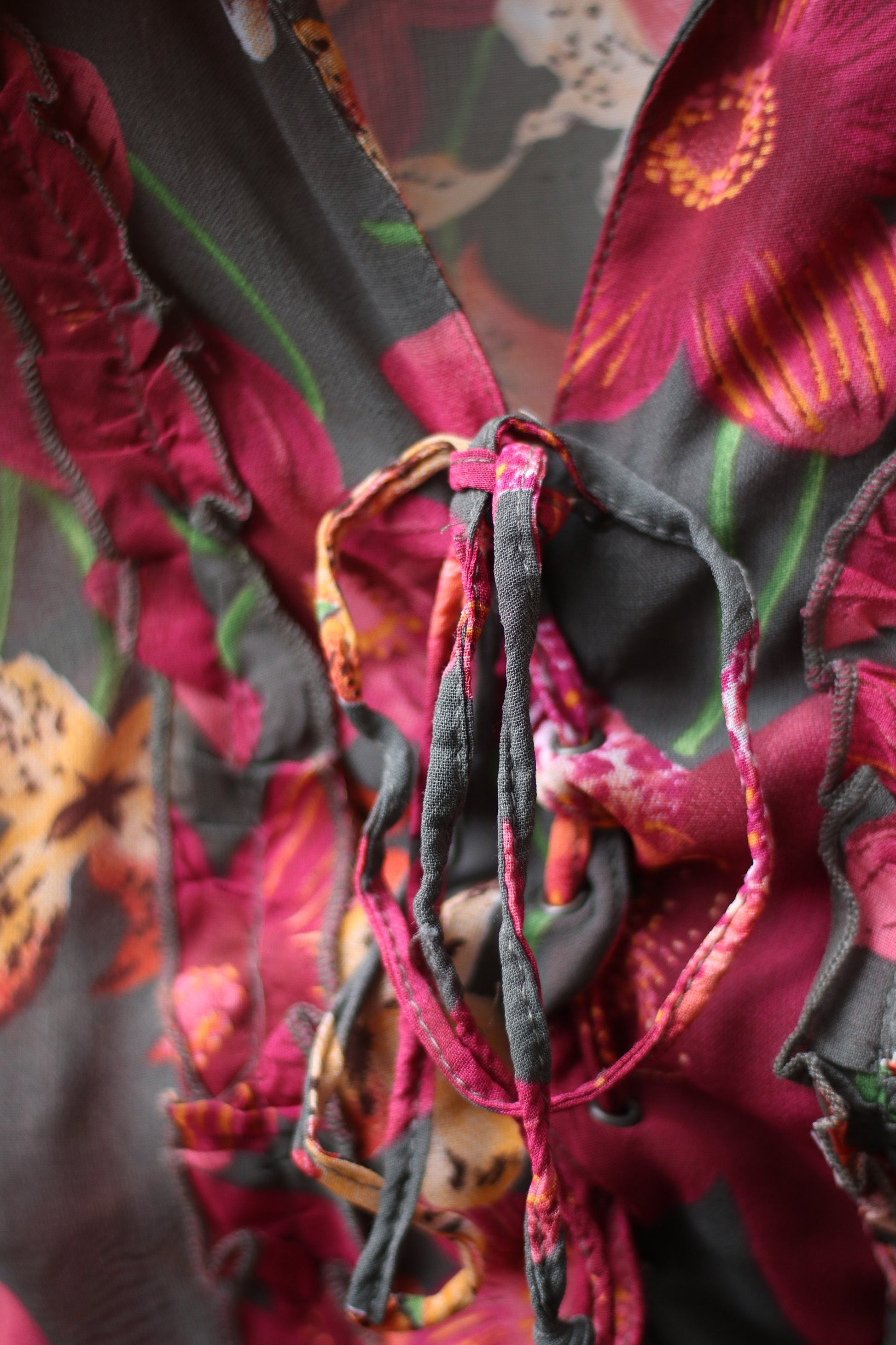 Vintage BiBA floral print ruffled blouse | Bohemian Red lace-up blouse