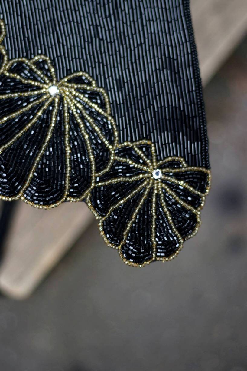 y2k sequinned bag in black | Vintage mini evening shoulder bag with rope strap| Glamorous compact shiny handbag with floral motif