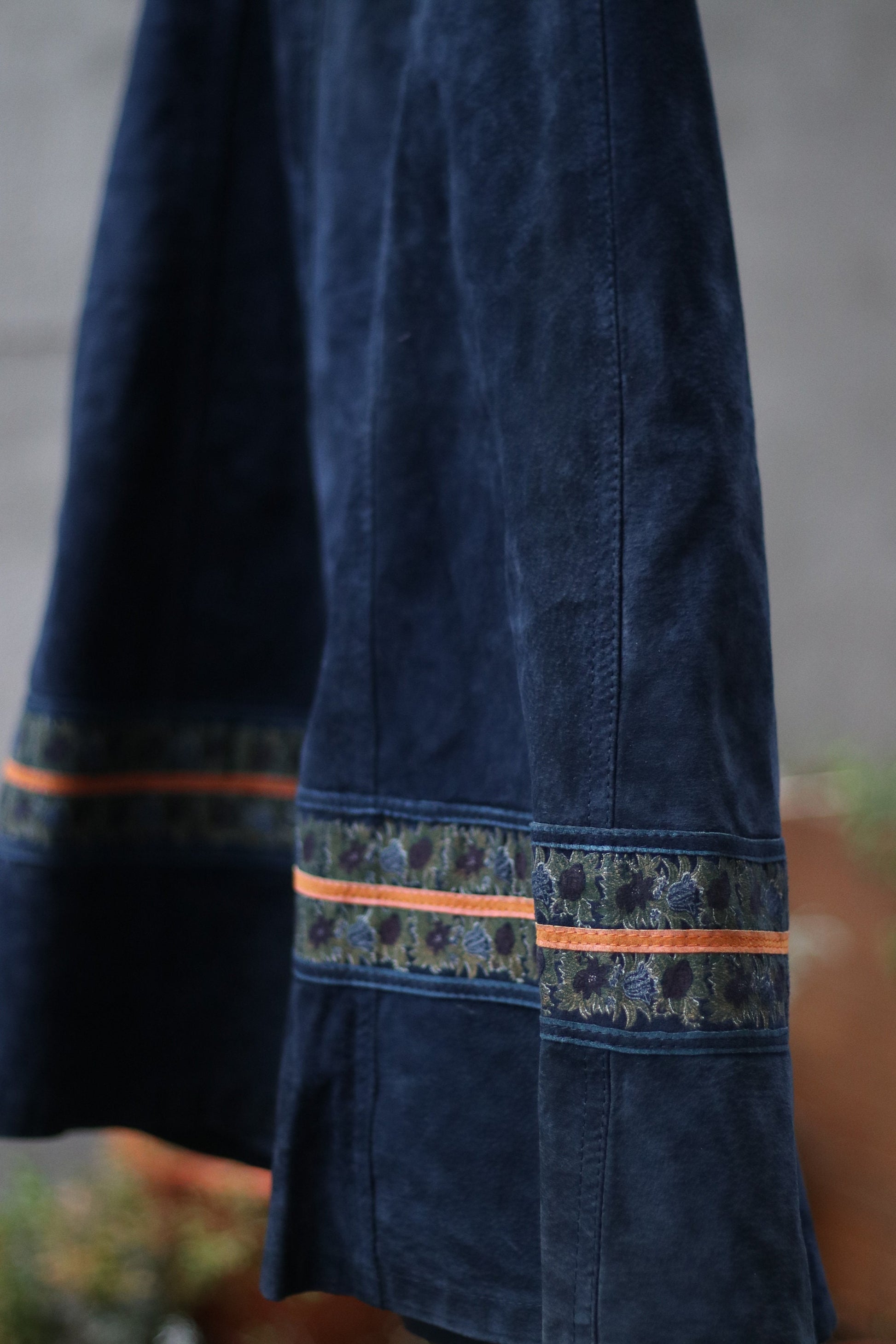 70s Blue Suede Skirt| Vintage Embroidered Country inspired blue and red bohemian skirt| Maximalist leather design