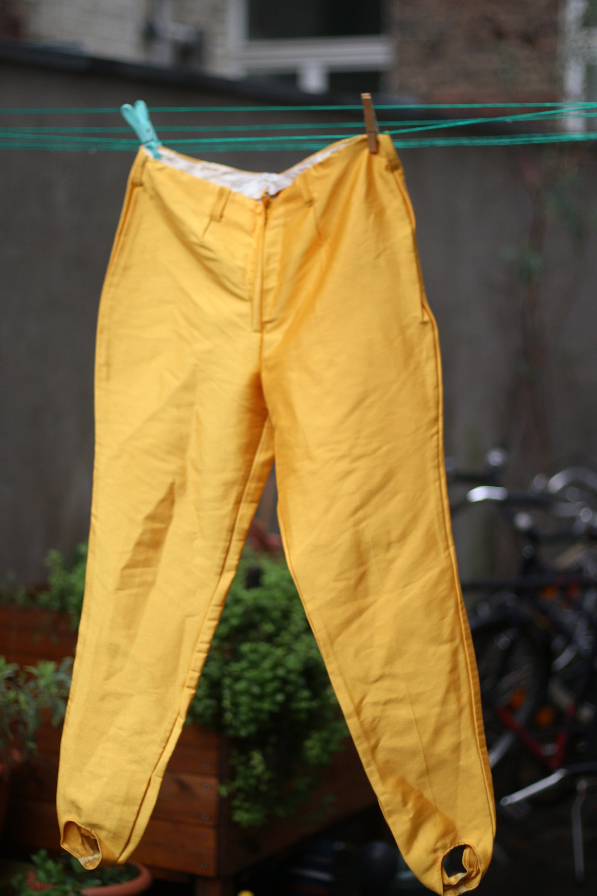 80s yellow shinny trousers| Vintage bright yellow statement Stirrup pants