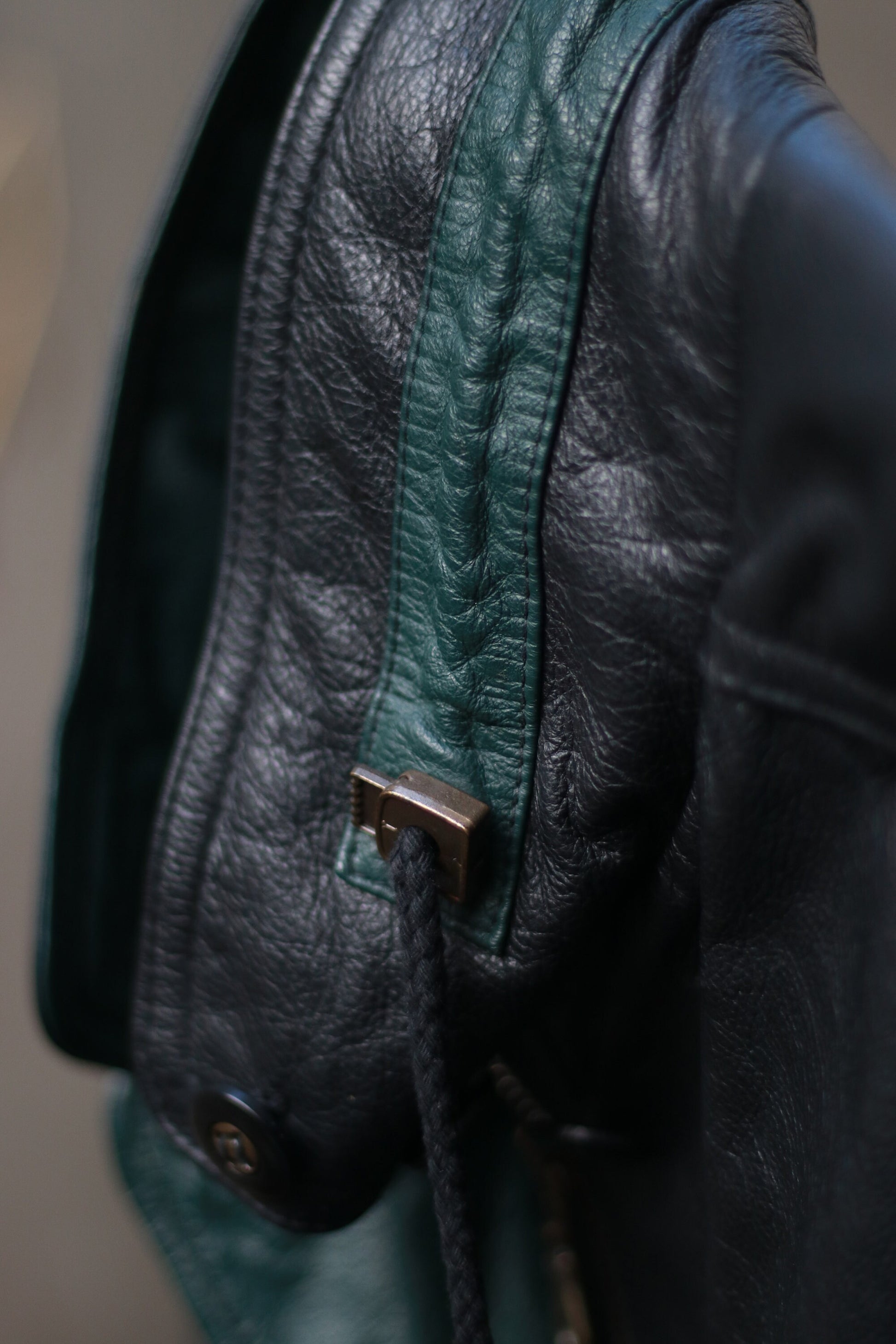 90s Leather Jacket with Statement Green Details| Vintage long leather Coat Streetwear inspired