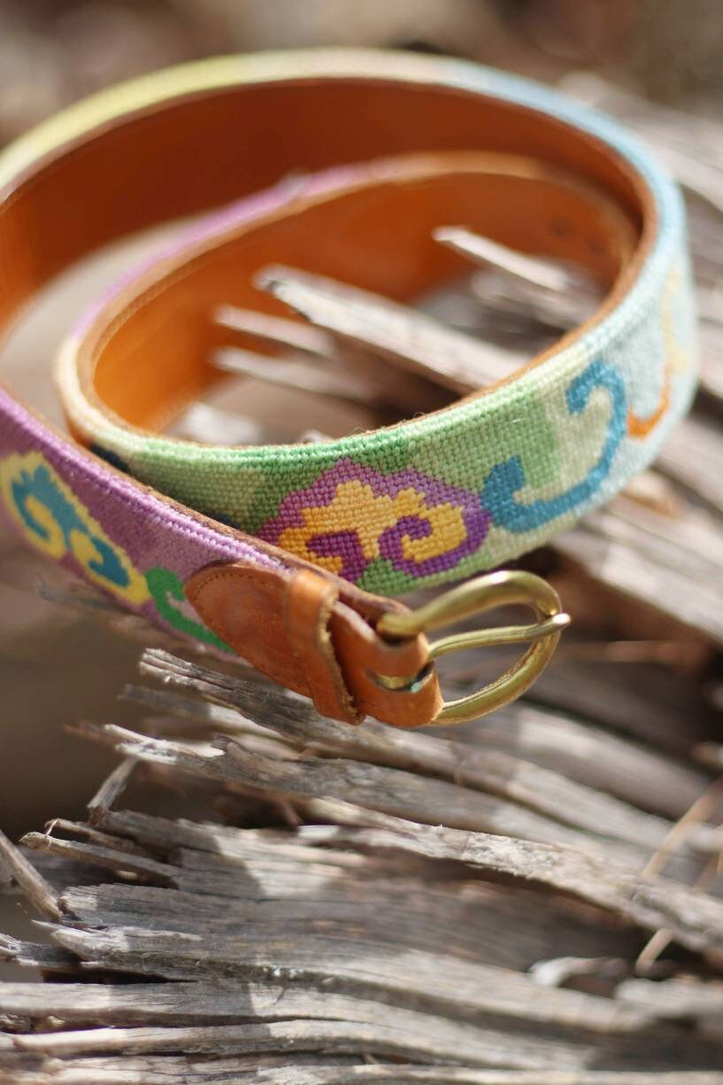 Vintage DBU Embroidered multi-colored belt | 80s heart print handmade needlepoint leather belt| Southwestern Pendelton-like