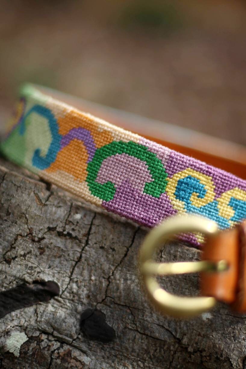 Vintage DBU Embroidered multi-colored belt | 80s heart print handmade needlepoint leather belt| Southwestern Pendelton-like