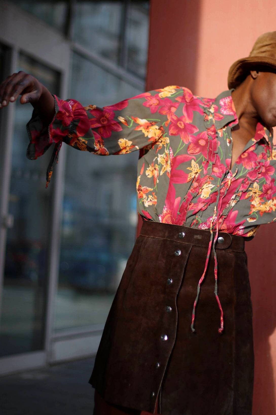 Vintage BiBA floral print ruffled blouse | Bohemian Red lace-up blouse