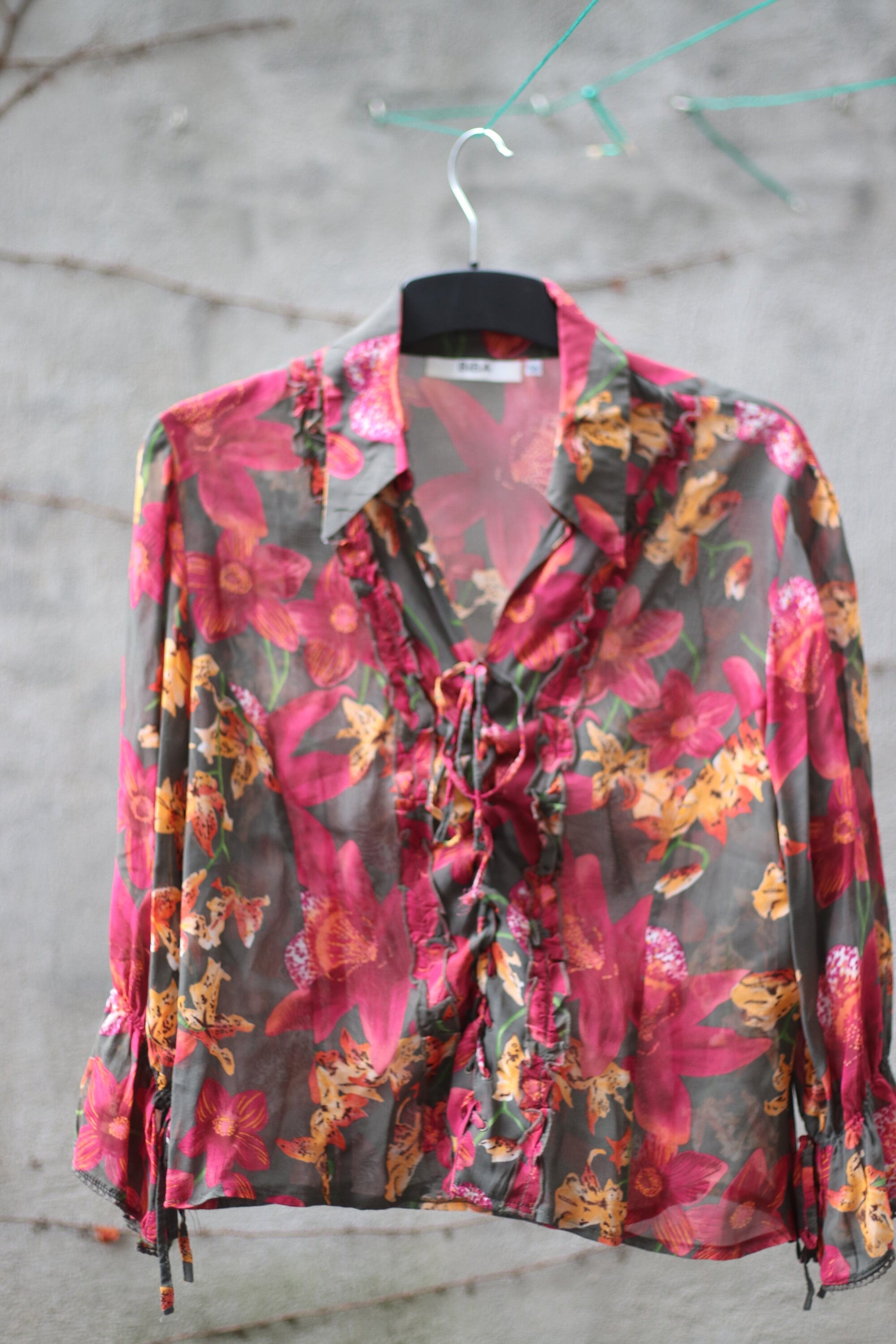 Vintage BiBA floral print ruffled blouse | Bohemian Red lace-up blouse