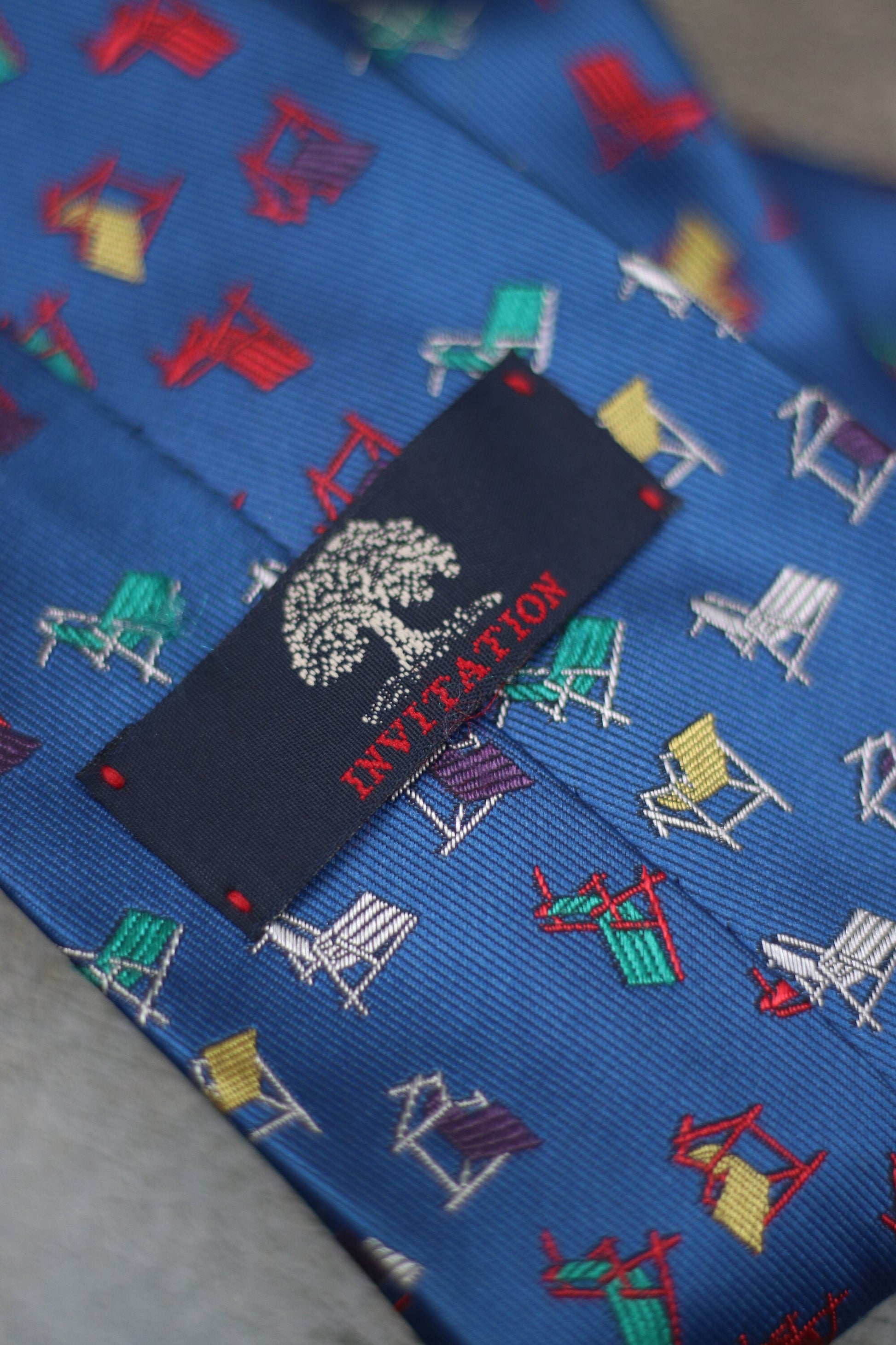 Vintage Blue tie with chair motif 90s quirky menswear suit neck tie