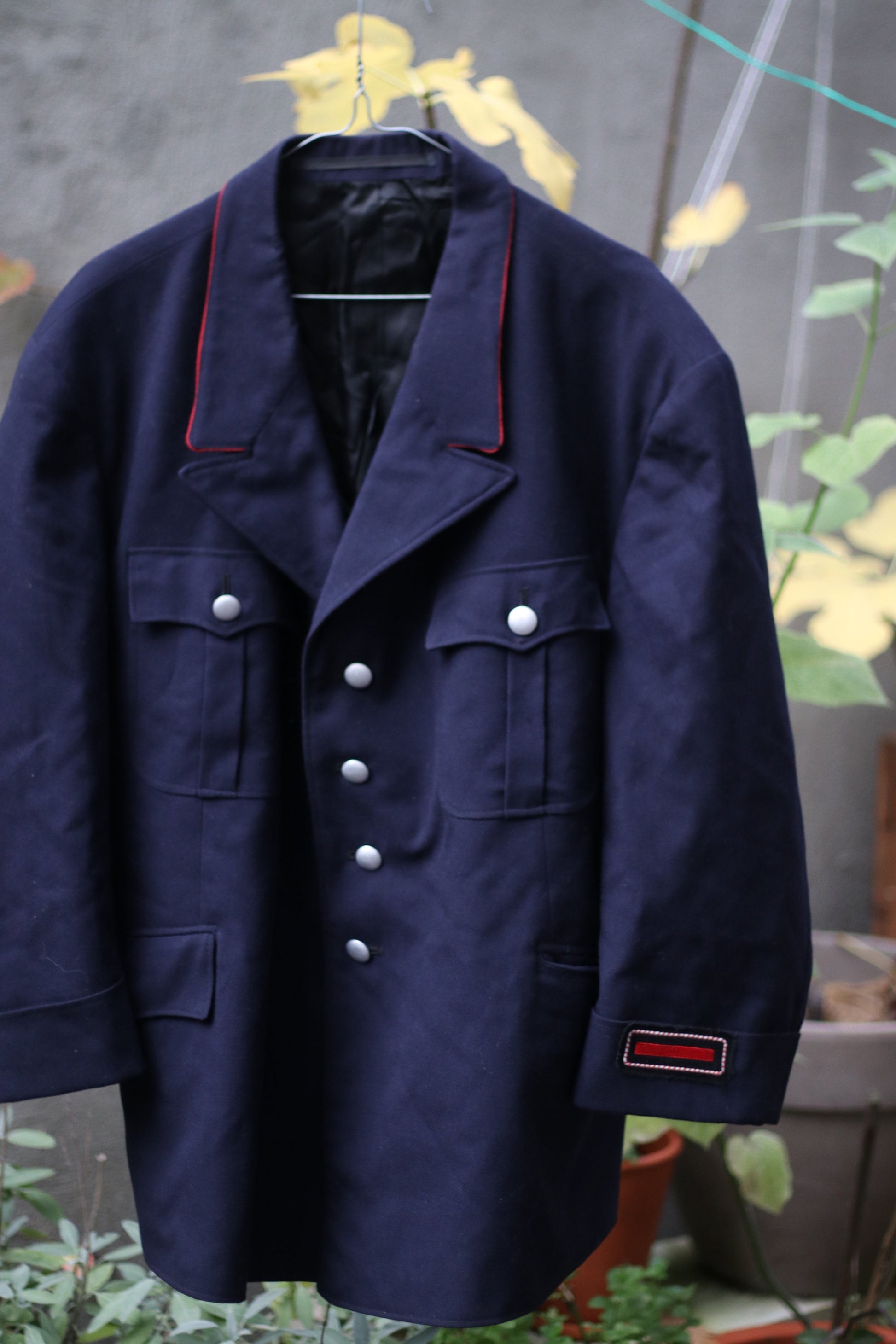 Vintage 70s Military inspired handmade jacket |Unisex Blue blazer with statement red details by sleev