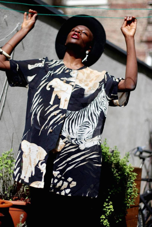 Vintage Sheer Blouse| 90s Janina Schreck Animal Print Buttoned down short sleeved monochrome shirt