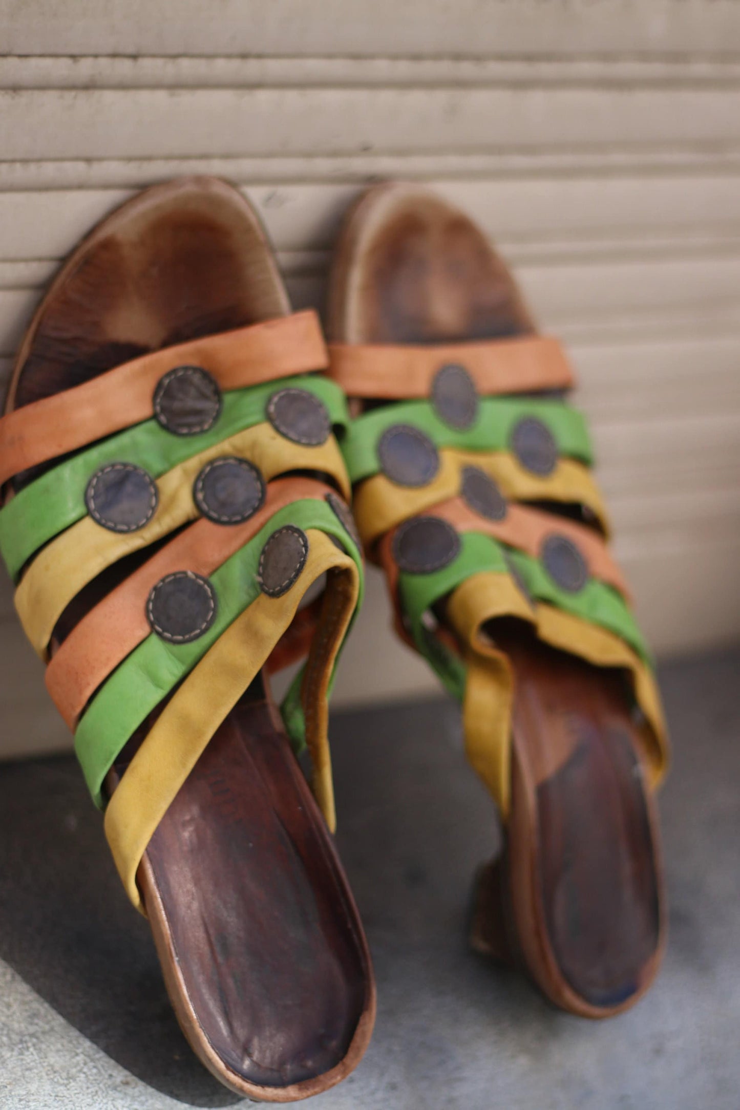 Vintage bold Sandals| 80s Andrea Sabatini Multi colored yellow and orange summer slip ins