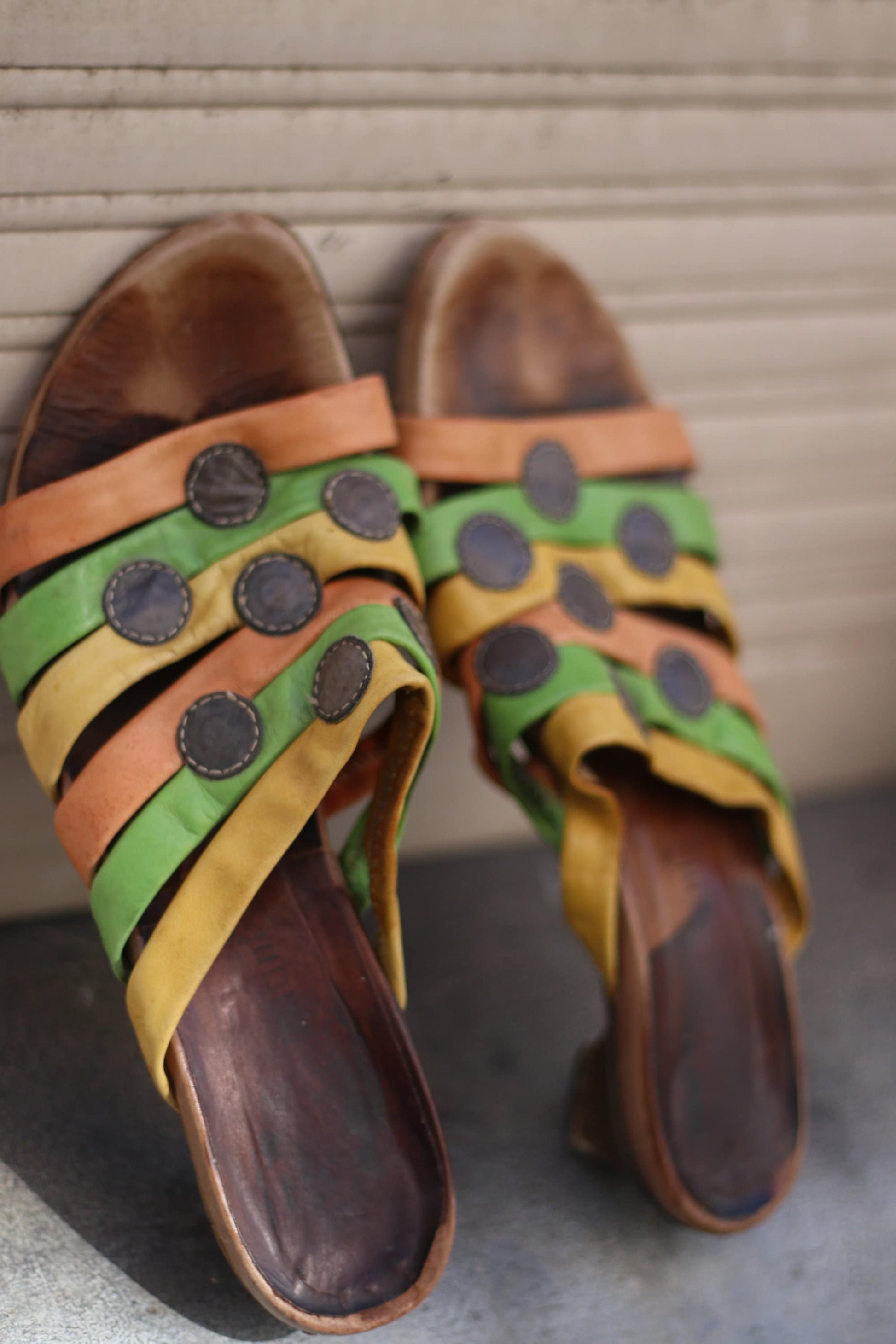 Vintage bold Sandals| 80s Andrea Sabatini Multi colored yellow and orange summer slip ins