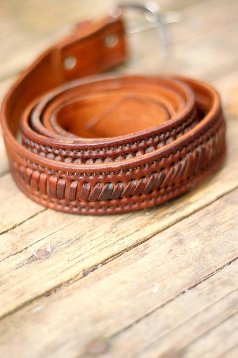 70s leather belt| Vintage brown handmade belt with woven details