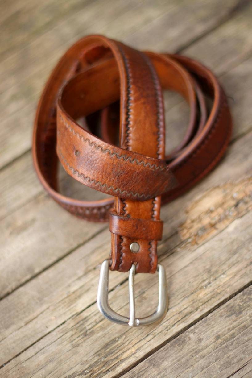 70s leather belt| Vintage brown handmade belt with woven details