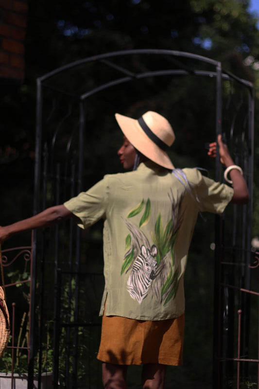 80s Safari Inspired Green Zebra print Blouse|Vintage Statement Summer Design with animal print