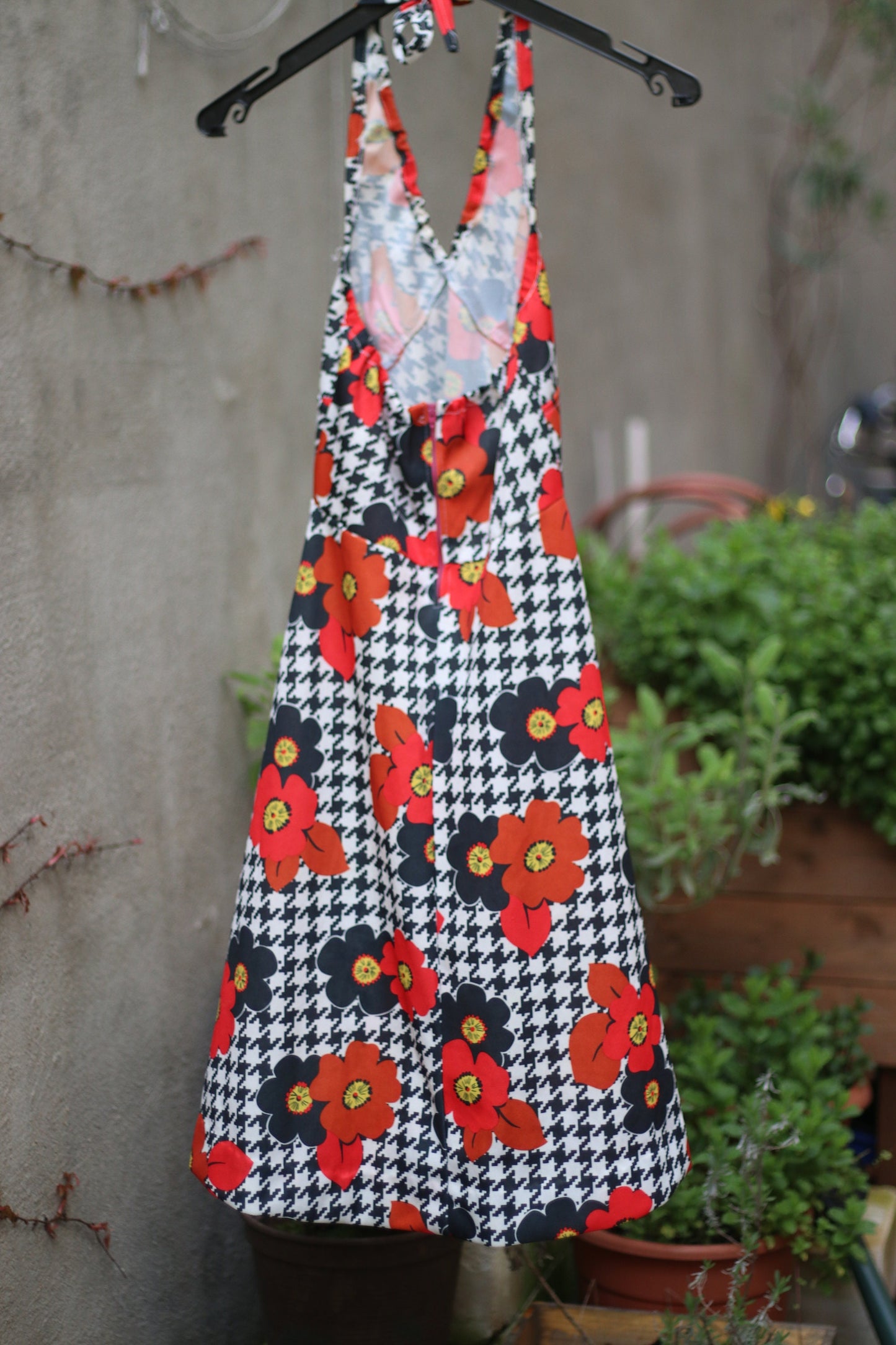 70s Floral Dress| Vintage Floral print halter neck Design| Maximalist festival style mini dress in black and red