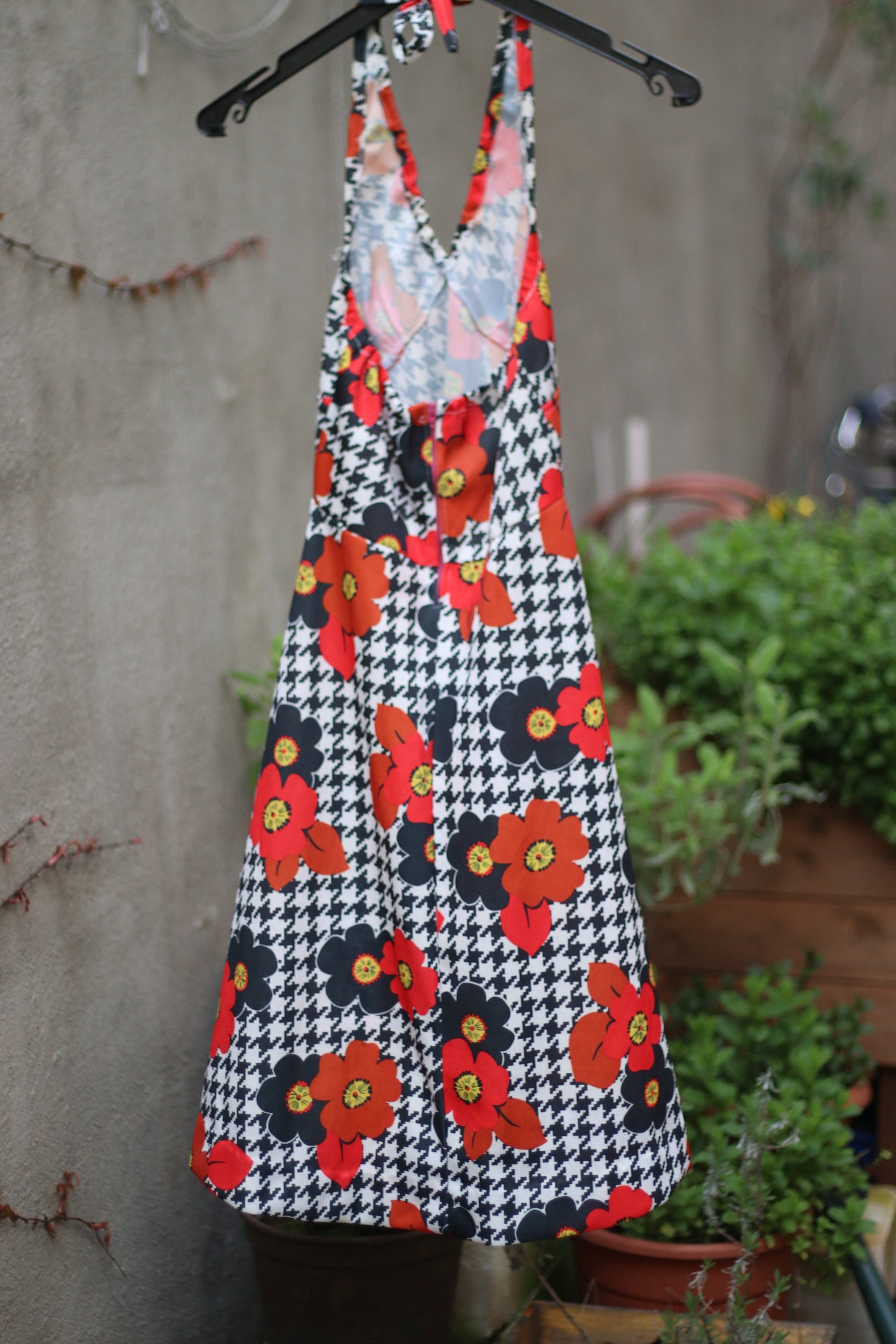 70s Floral Dress| Vintage Floral print halter neck Design| Maximalist festival style mini dress in black and red