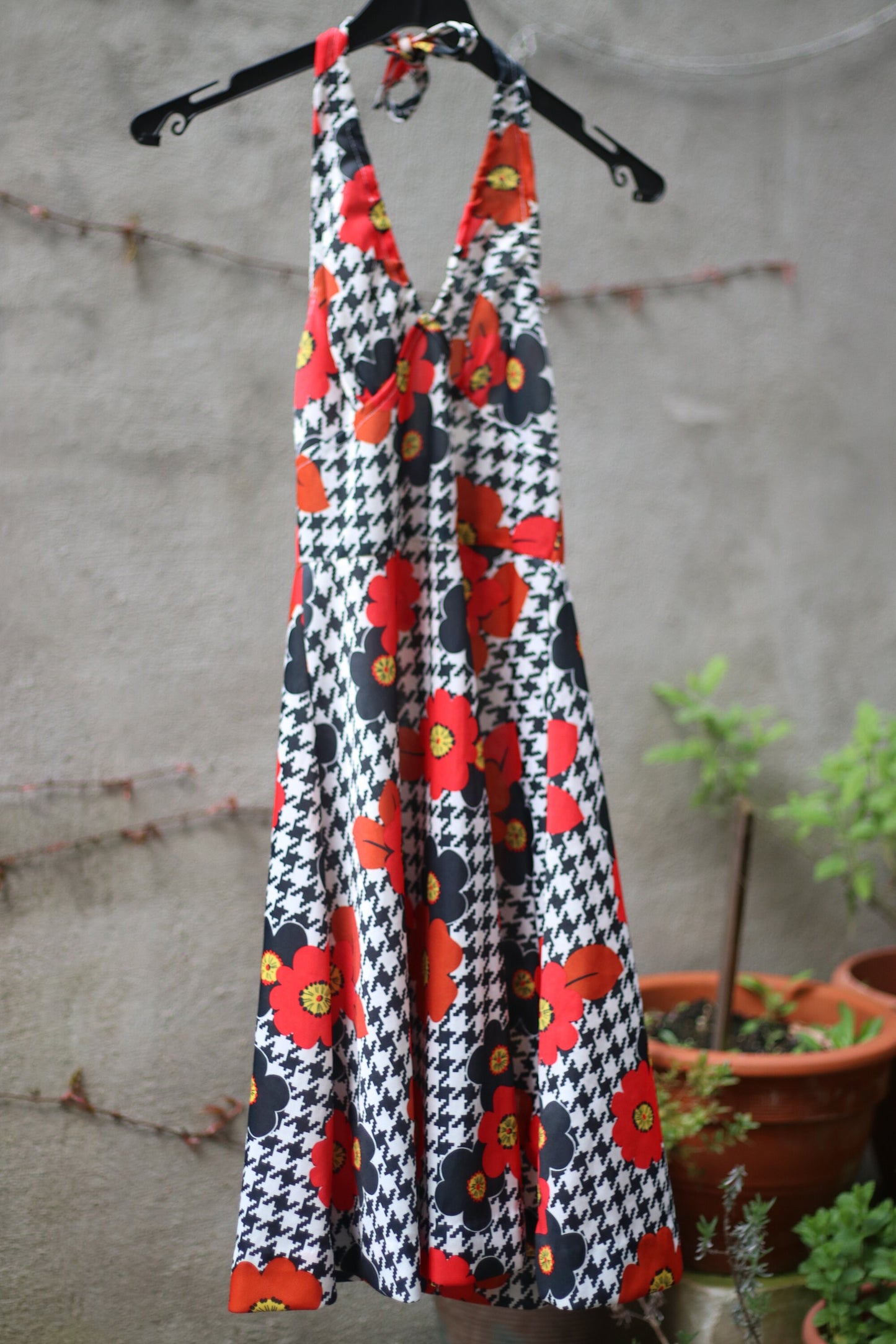 70s Floral Dress| Vintage Floral print halter neck Design| Maximalist festival style mini dress in black and red