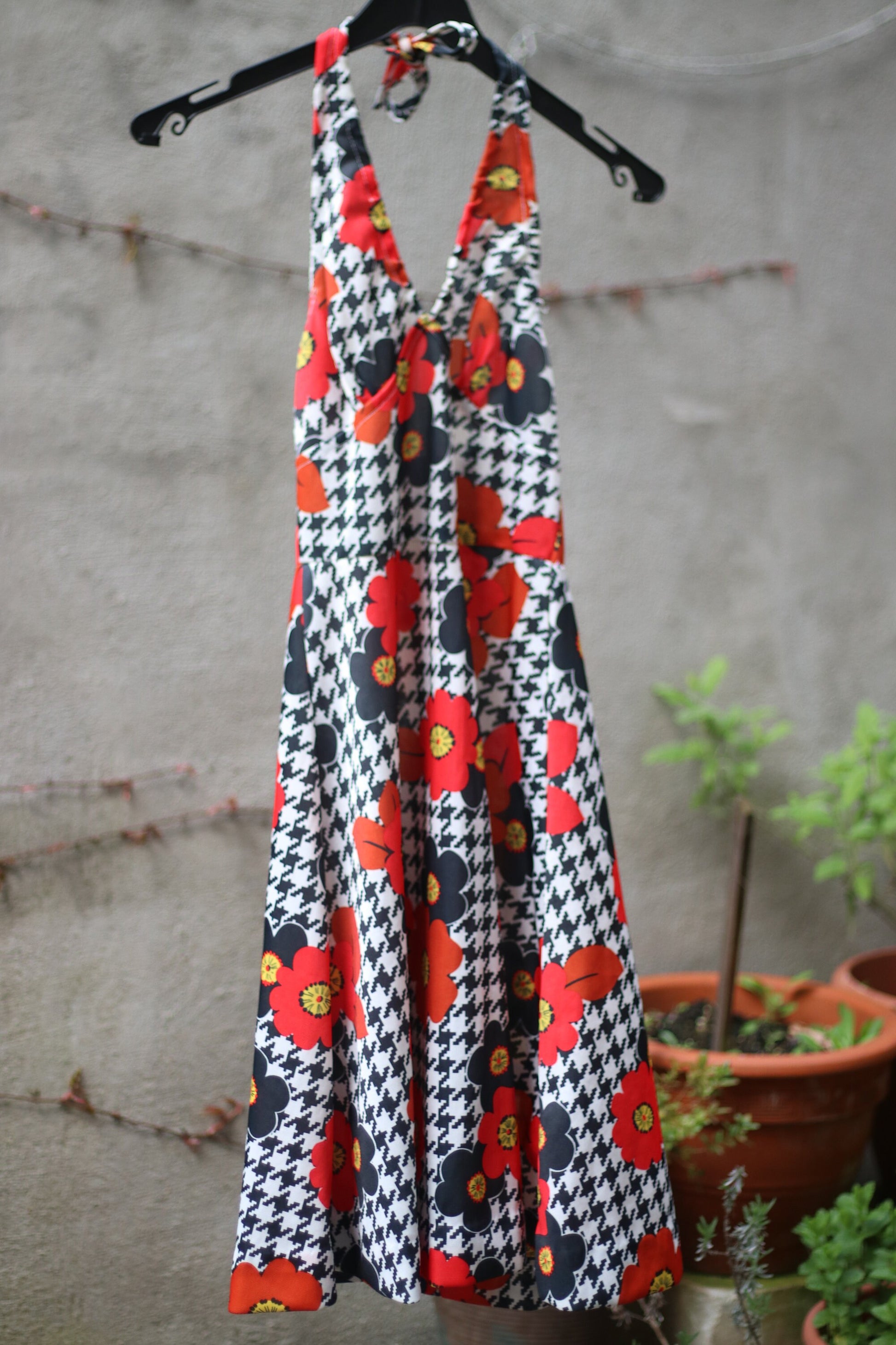 70s Floral Dress| Vintage Floral print halter neck Design| Maximalist festival style mini dress in black and red
