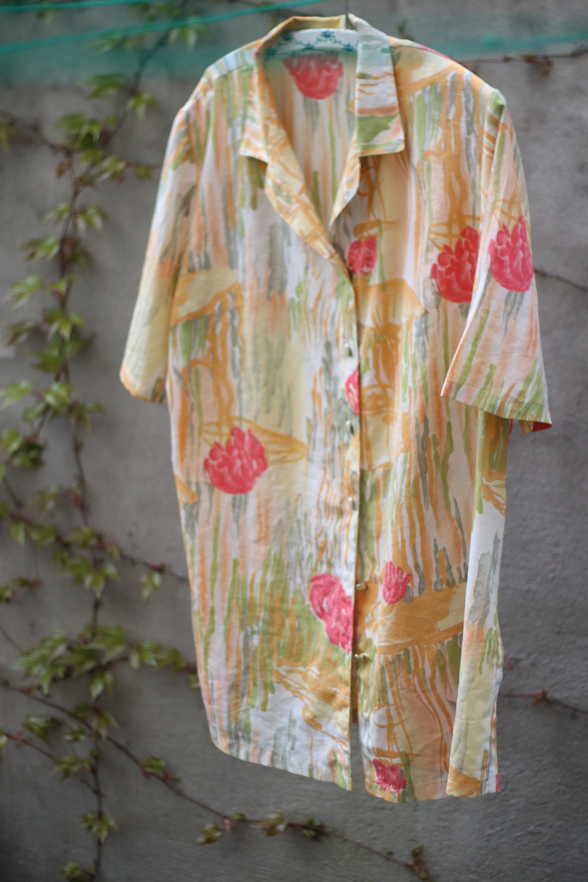 90s oversized floral print Blouse or mini dress| Abstract print tunic| Summer hipster yellow and red shirt