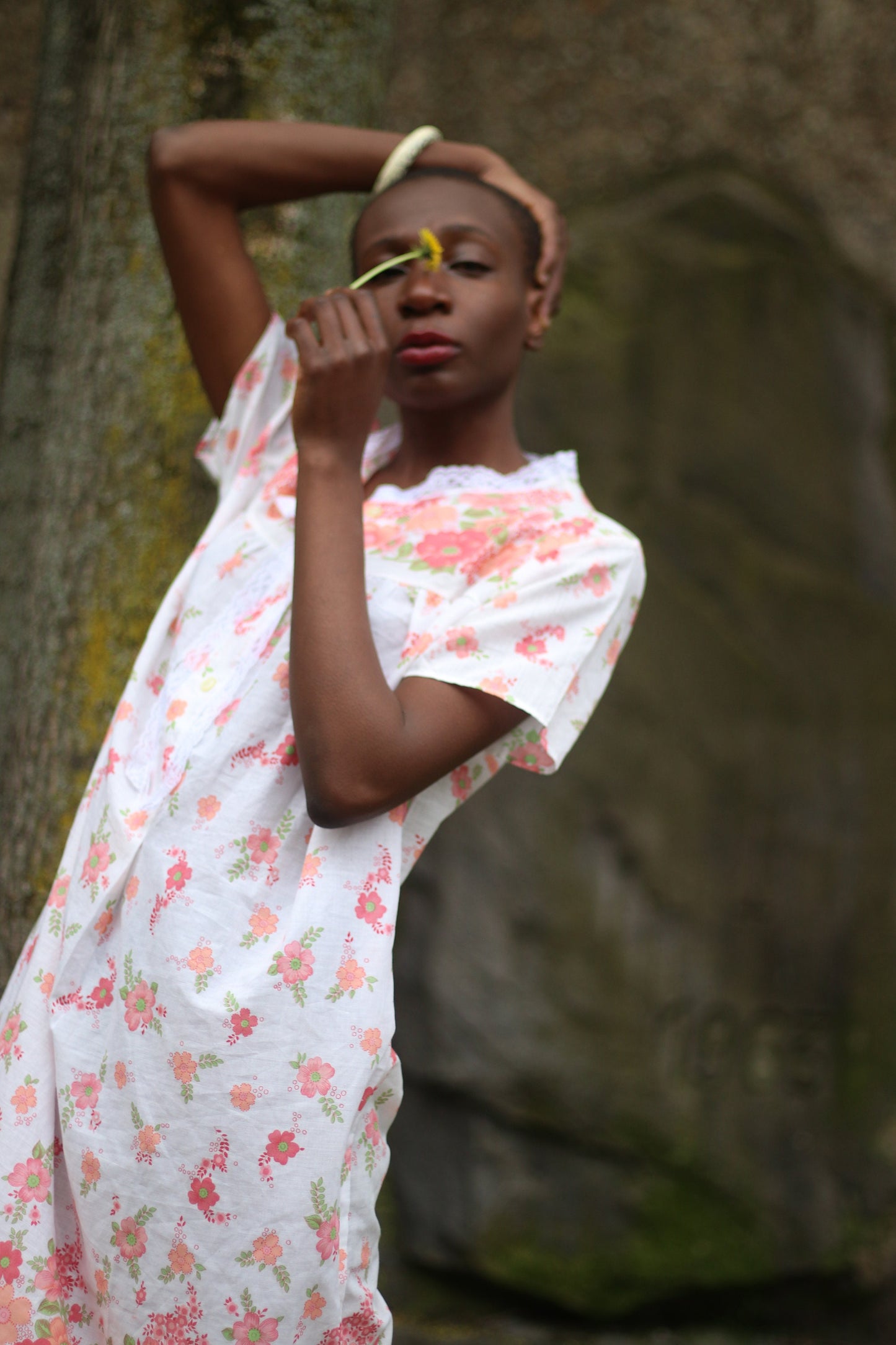 Vintage Summer Dress with Floral Print Bohemian 70s slightly sheer lightweight dress