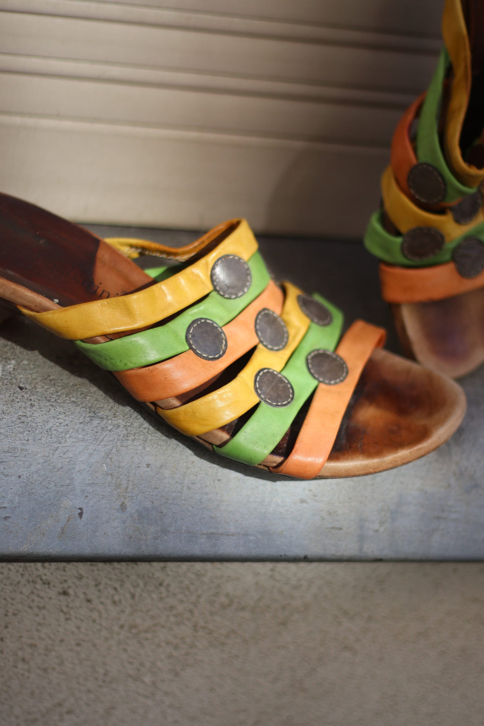 Vintage bold Sandals| 80s Andrea Sabatini Multi colored yellow and orange summer slip ins