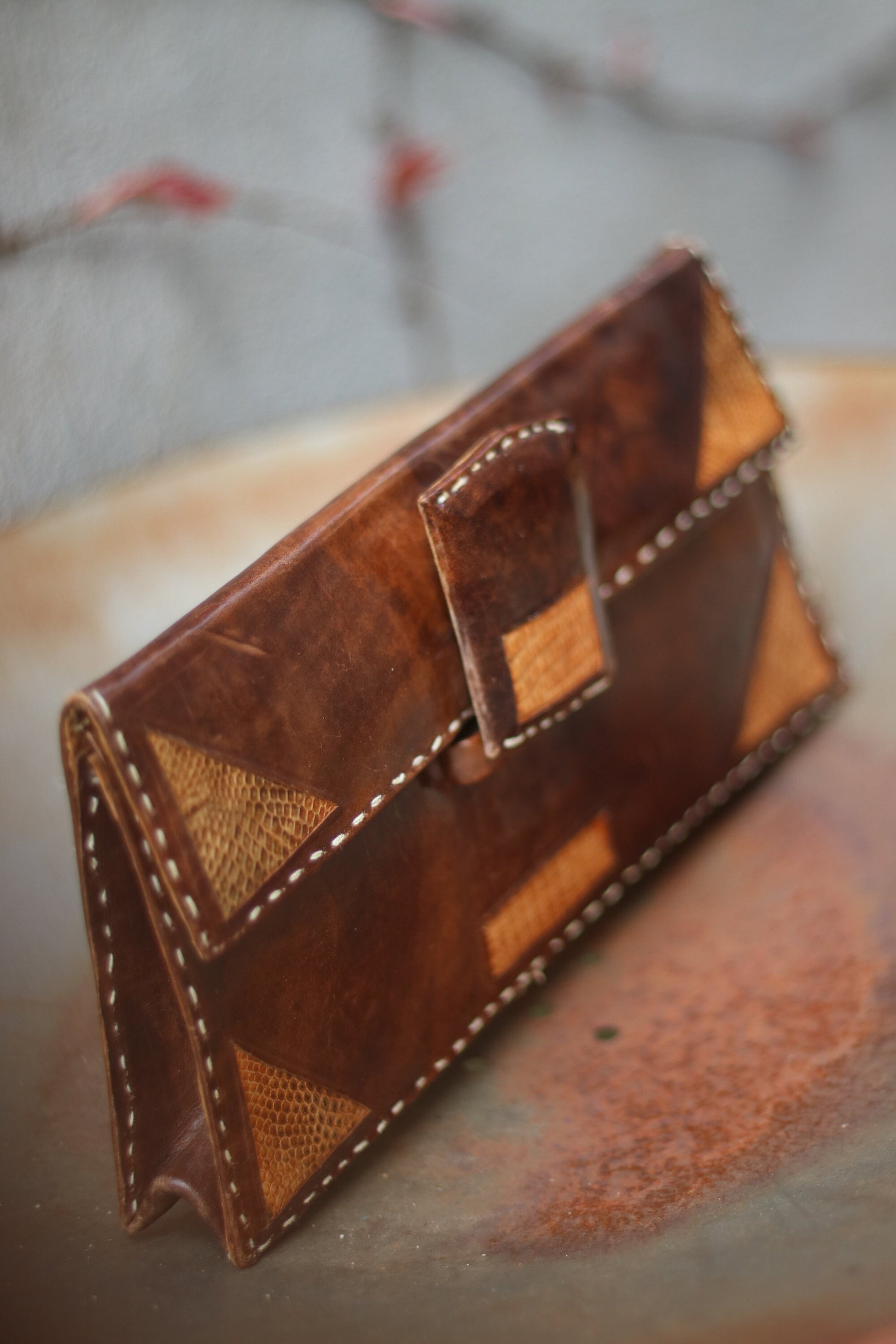 70s handmade Clutch| Vintage brown leather compact bag| monochrome minimalist mini bag with animal print details