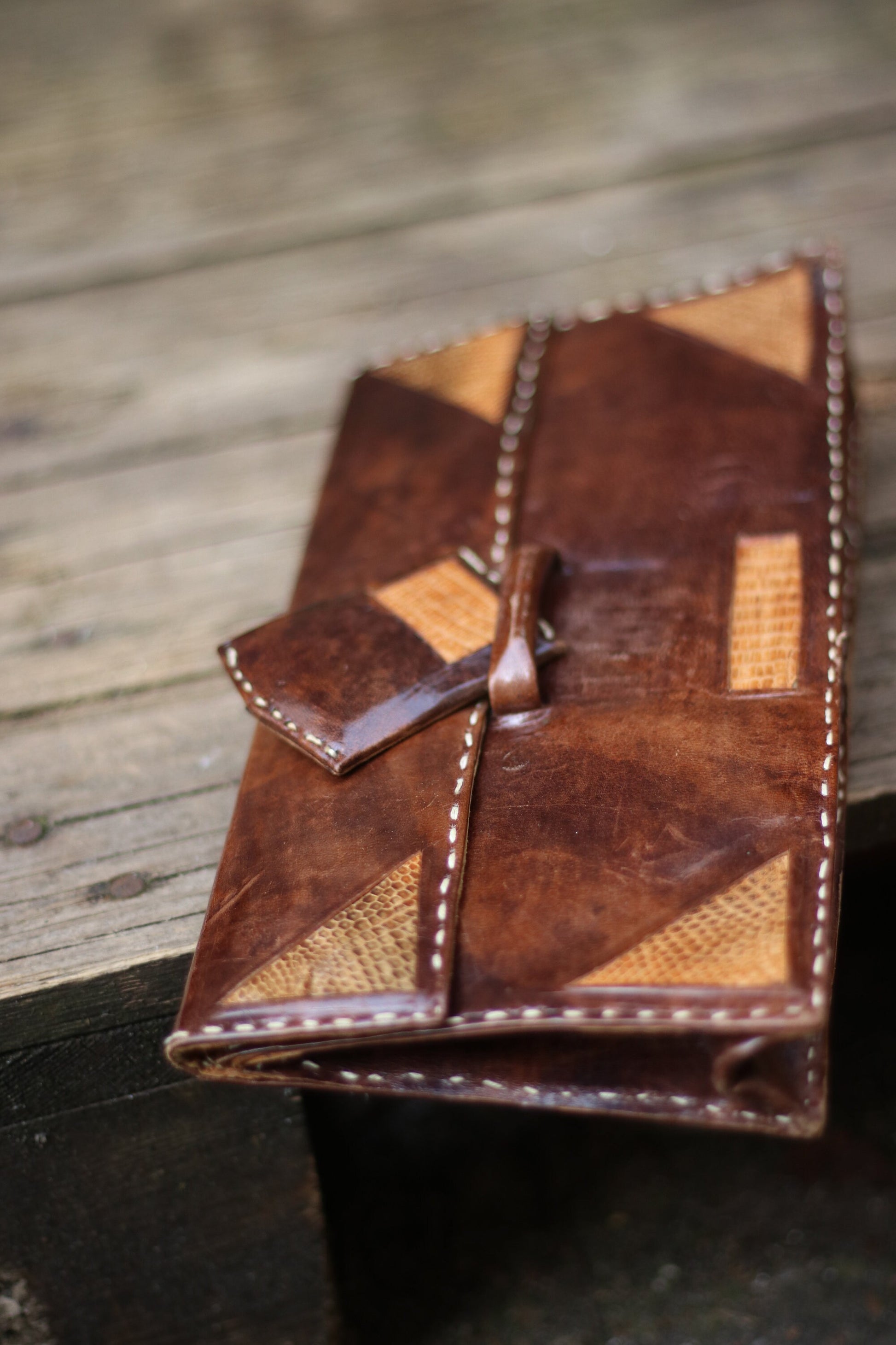 70s handmade Clutch| Vintage brown leather compact bag| monochrome minimalist mini bag with animal print details