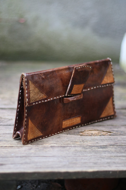70s handmade Clutch| Vintage brown leather compact bag| monochrome minimalist mini bag with animal print details