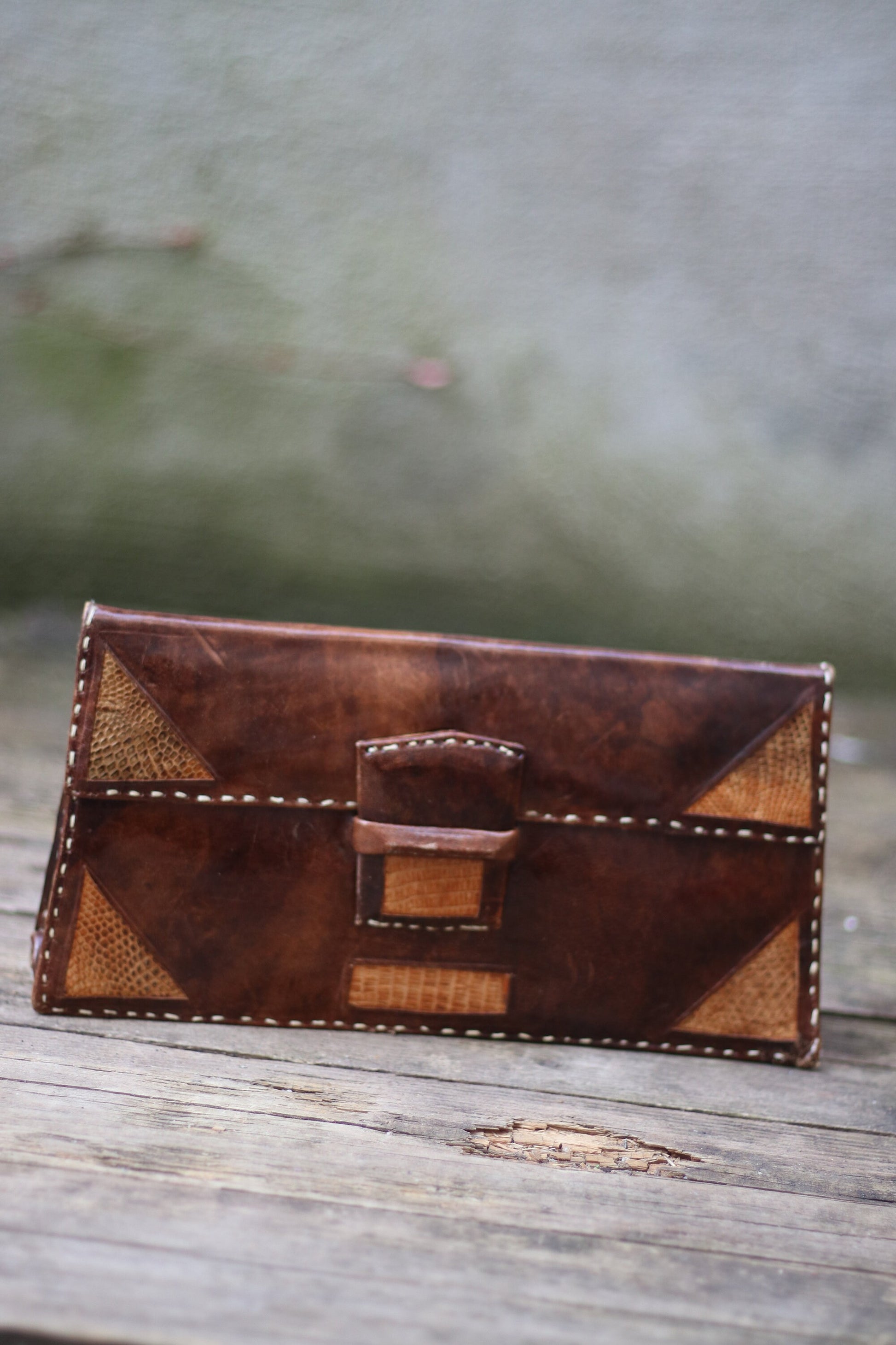 70s handmade Clutch| Vintage brown leather compact bag| monochrome minimalist mini bag with animal print details