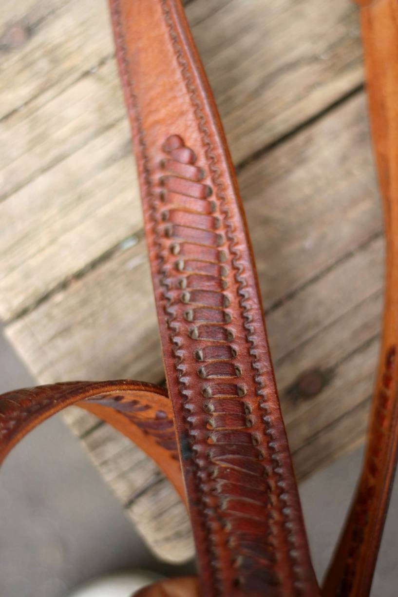 70s leather belt| Vintage brown handmade belt with woven details