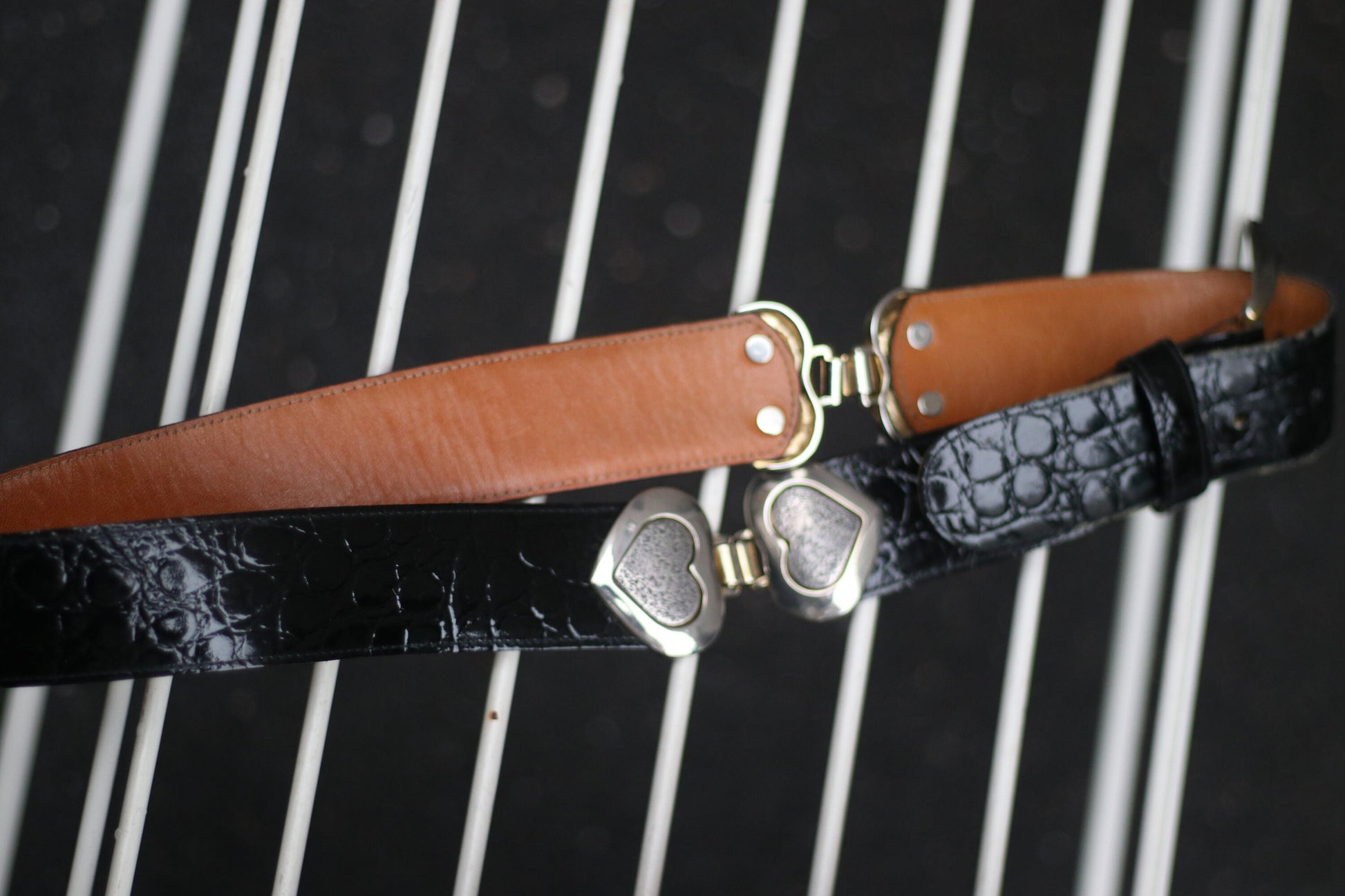 80s Belt with Heart shape motif| Vintage black leather belt with silver details