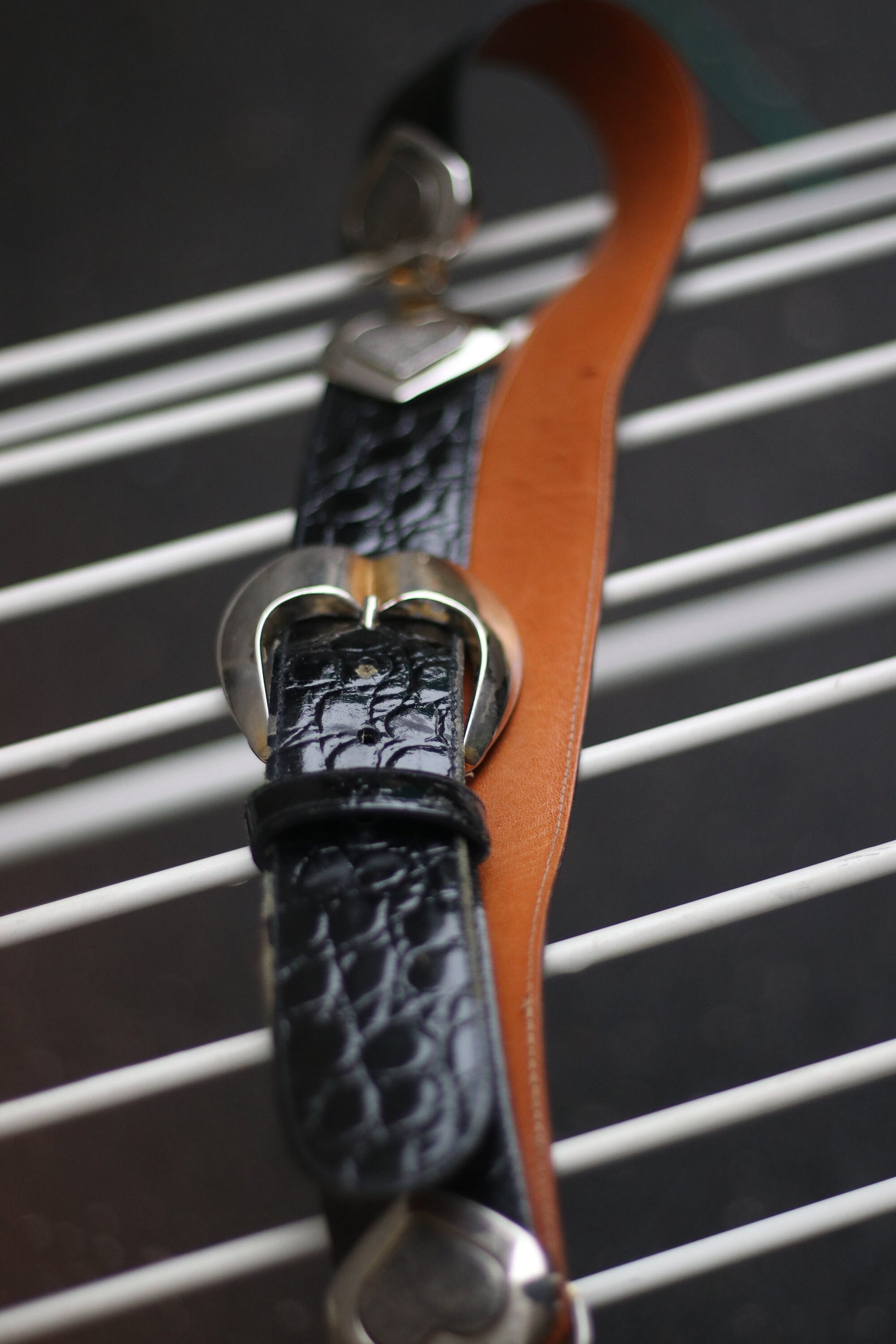 80s Belt with Heart shape motif| Vintage black leather belt with silver details