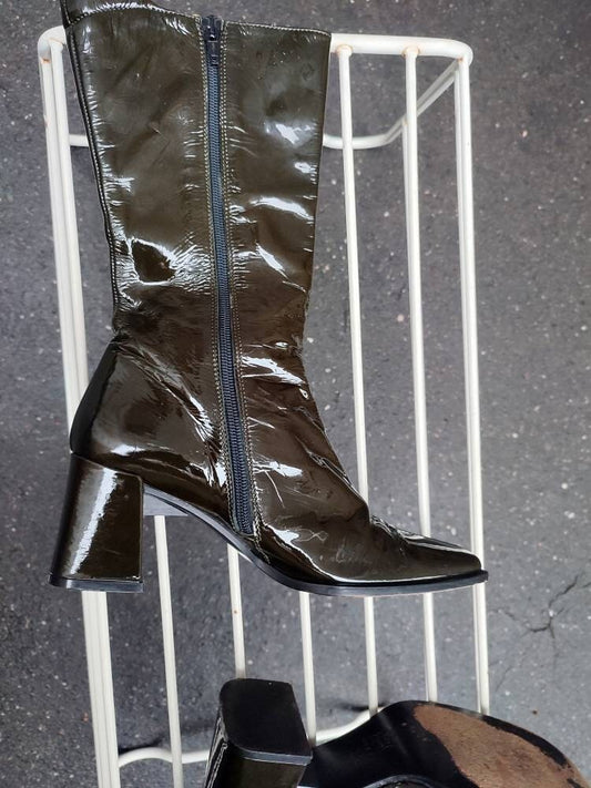 y2k Leather Boots Green| Statement block heel boots made in Italy| Minimalist sleek fashionable fall boots