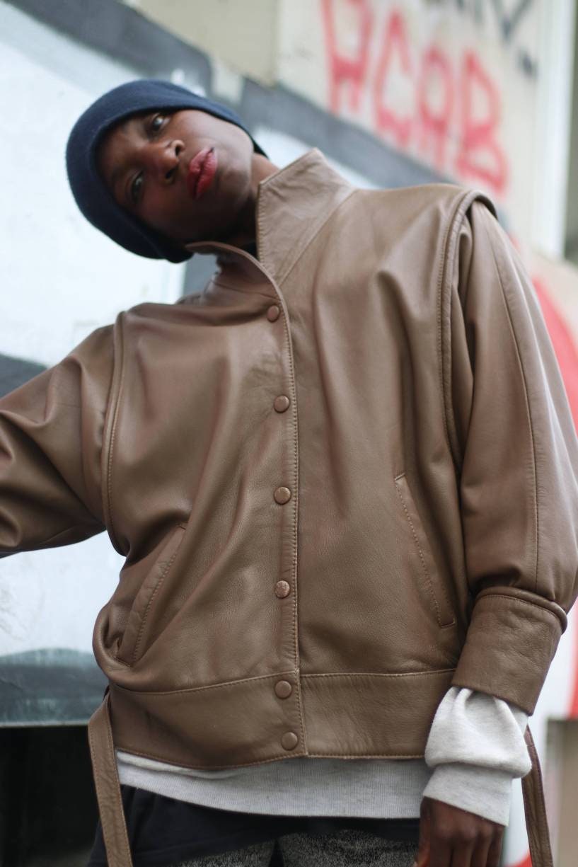 80s Brown leather Jacket| Vintage Minimalist Cropped leather design with tie