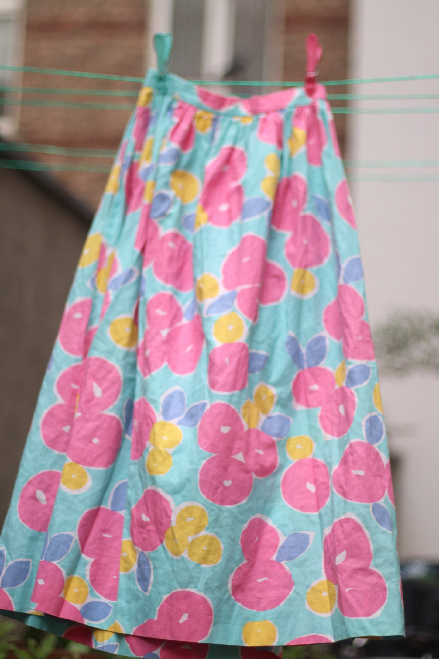 70s floral print Summer Skirt | Pierle Brussels Skirt Made in France| Vintage bold light blue skirt with pink patterns tie.