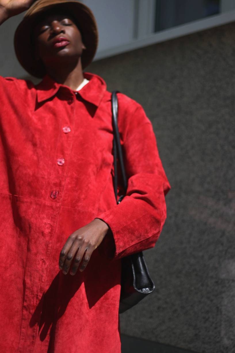 90s Ulla Popken Suede Jacket| Vintage minimalist red leather trench| Plus size classic unisex jacket