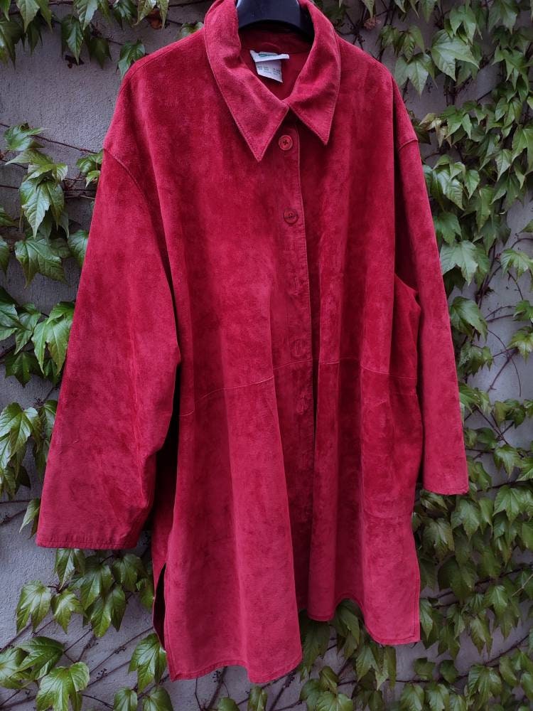 90s Ulla Popken Suede Jacket| Vintage minimalist red leather trench| Plus size classic unisex jacket