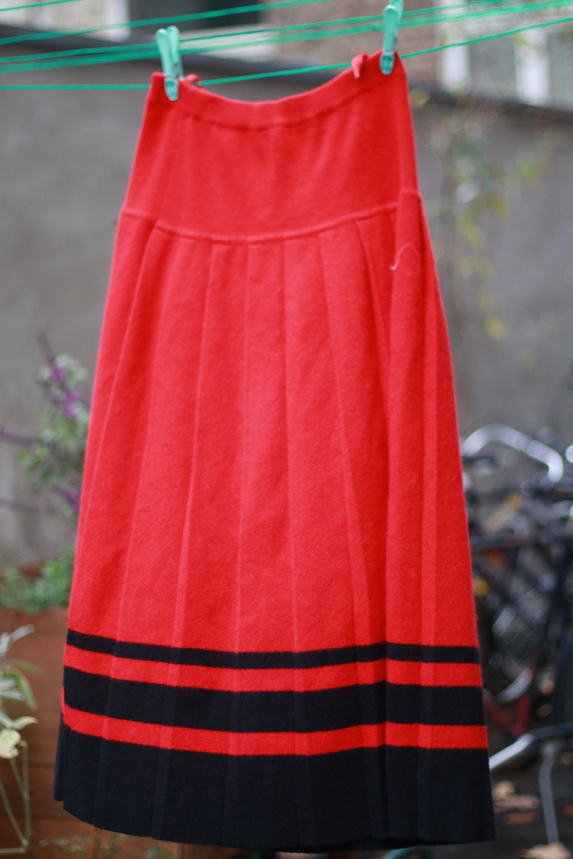 80s Evan Picone pleated skirt | Vintage collage angora blend skirt | striped maxi winter skirt in red and black