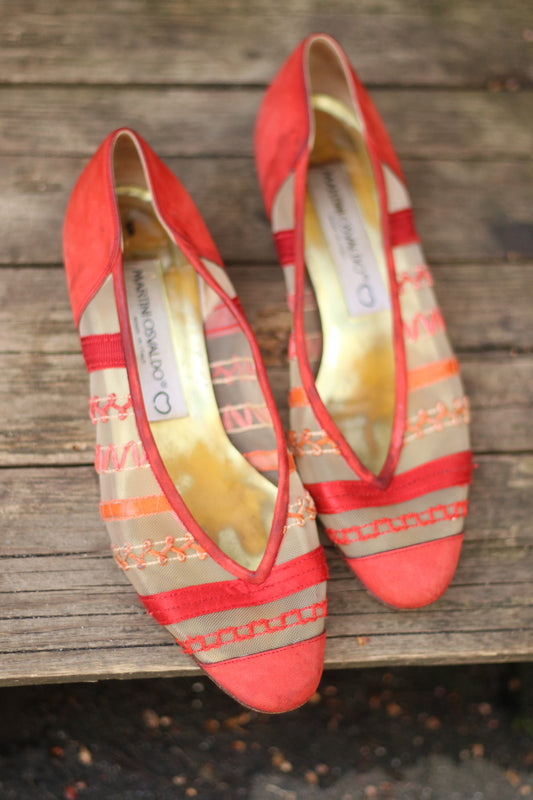 90s Martini Osvaldo Vintage flats|Vintage red shoes with sheer details