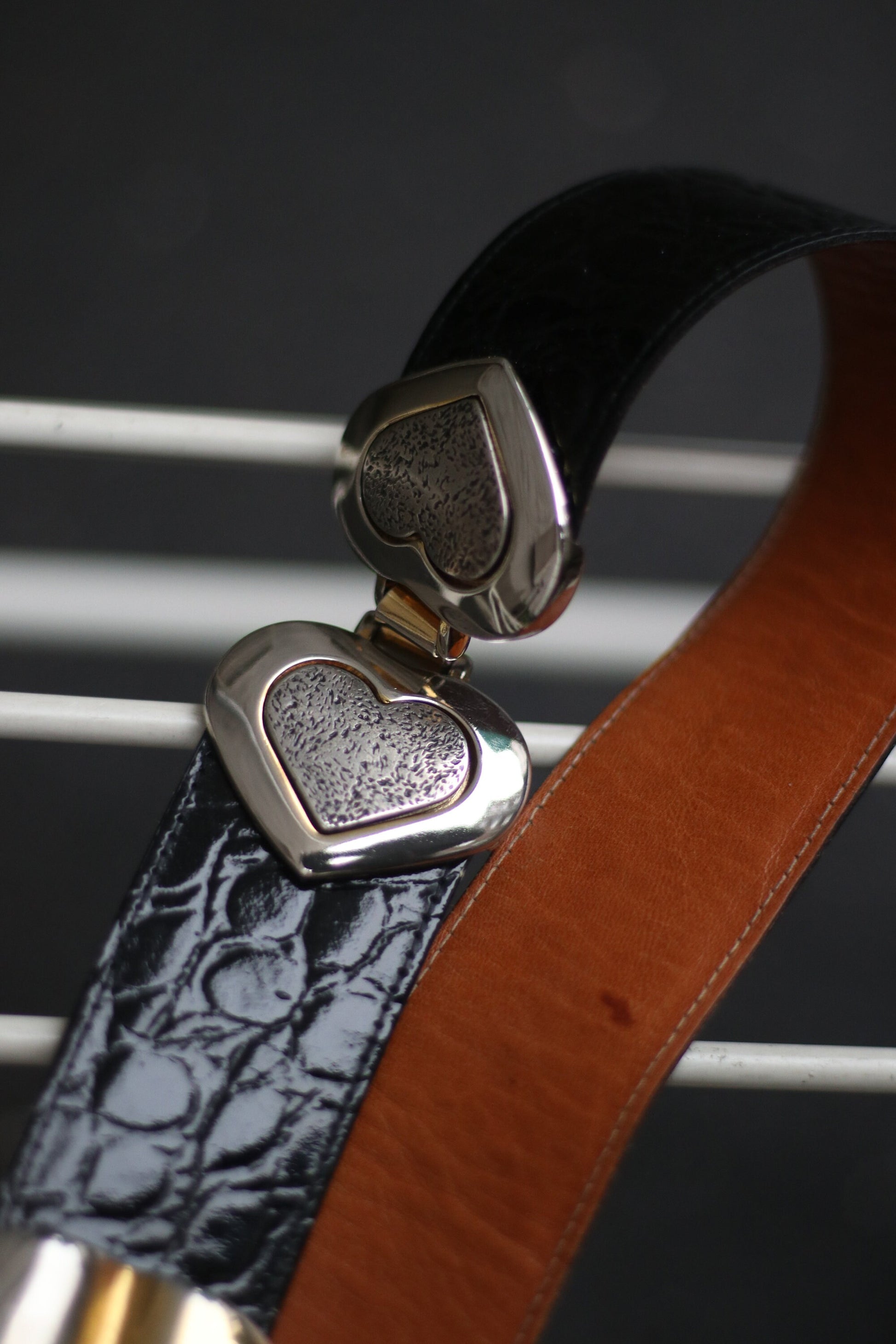 80s Belt with Heart shape motif| Vintage black leather belt with silver details