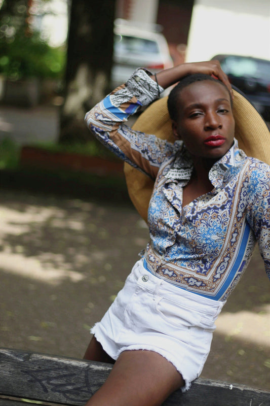 90s Etro blouse | Vintage Paisley Print Buttoned Down Shirt| Maximalist Cotton blend blue and brown design