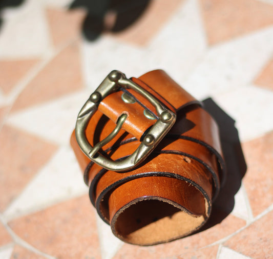70s Leather Belt| Vintage Brown Bohemian Belt with Silver colored statement buckle| Minimalist Americana Accessory