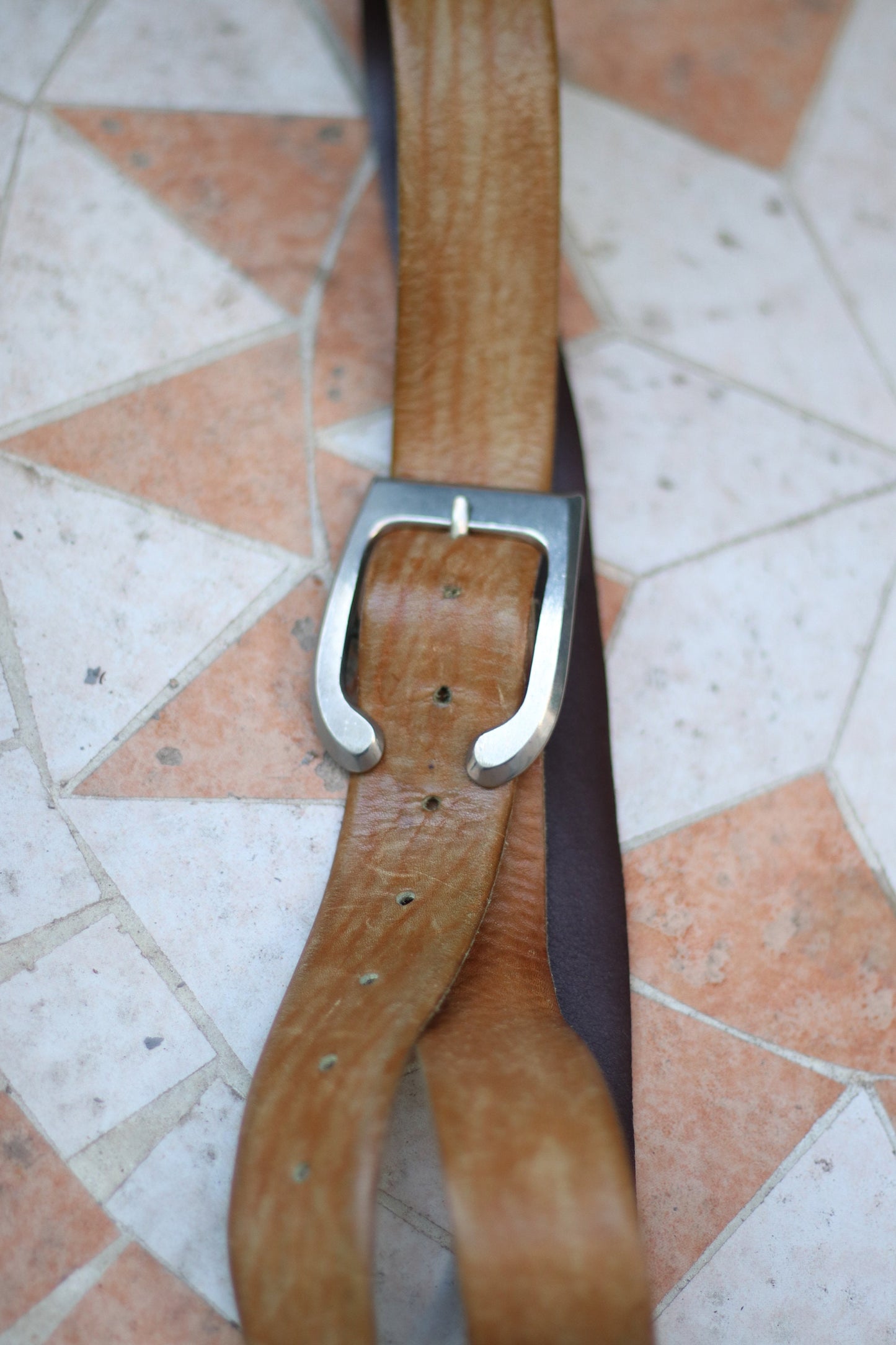 90s leather belt Classic brown leather belt with silver colored buckle minimalist belt design