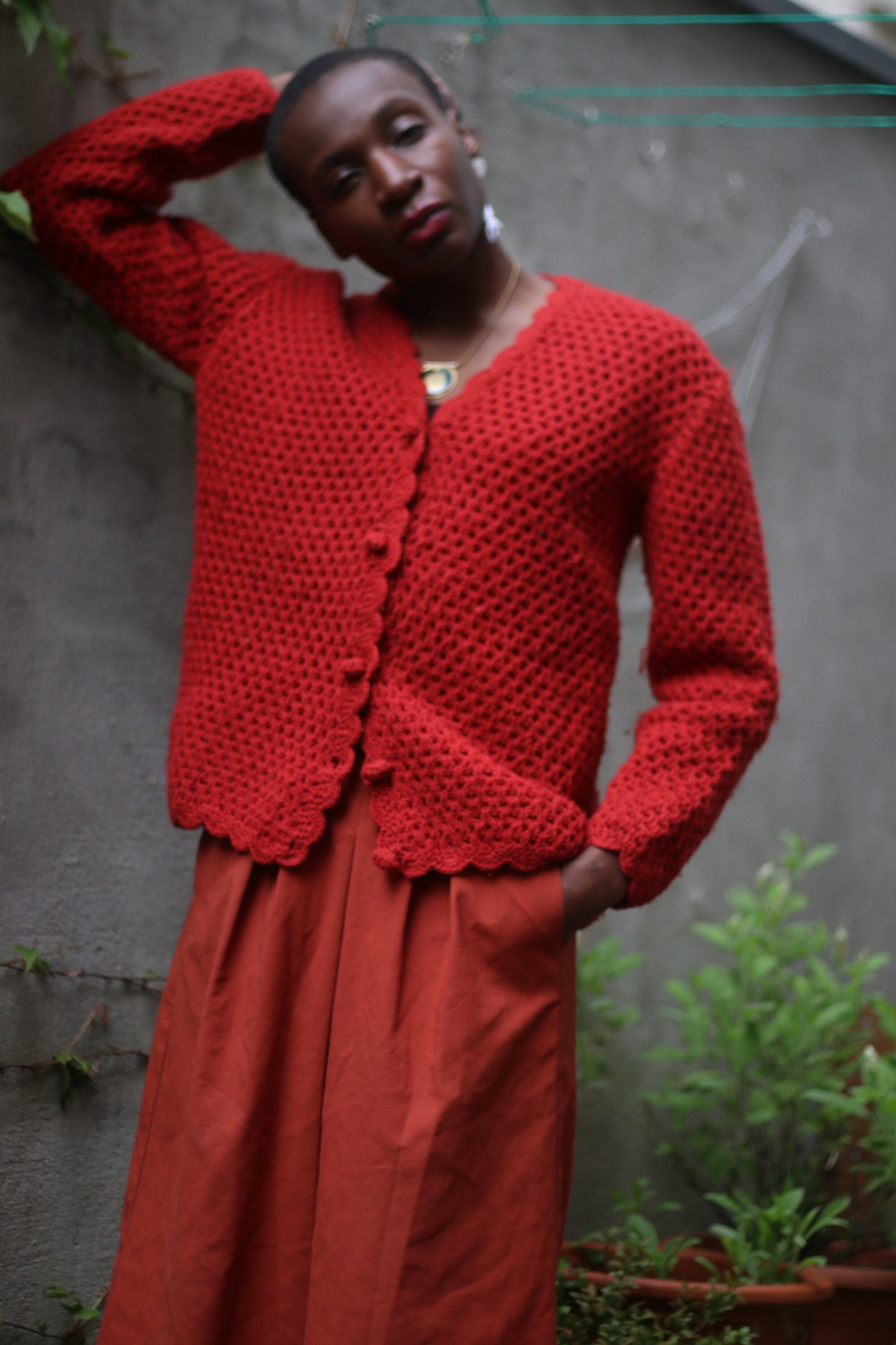 70s Handmade Orange Knit |Vintage long sleeved statement cardigan | Women's buttoned down sweater