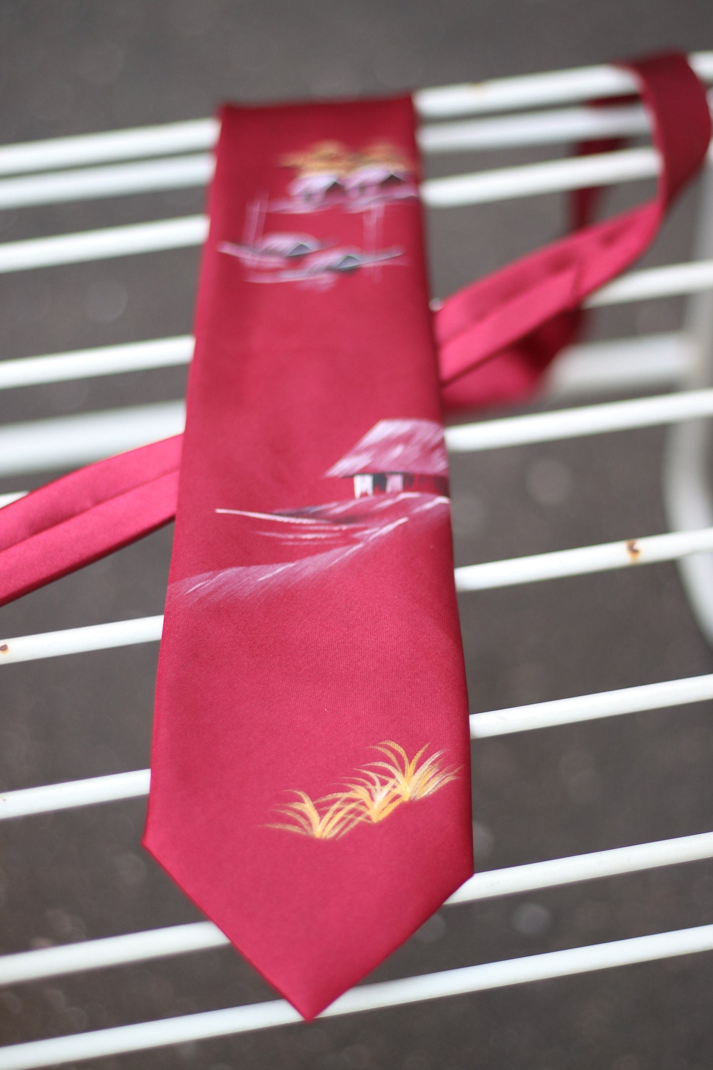 Vintage red silk tie with hand painted details 90s necktie office wear suit and tie